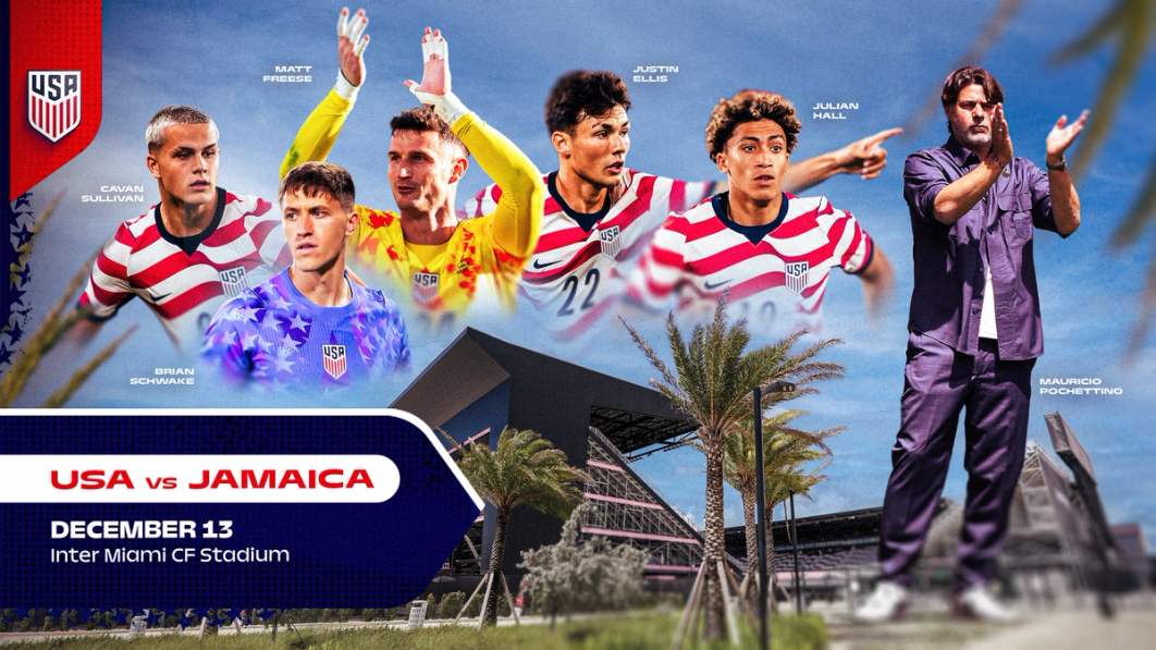 U.S. Soccer announcement artwork for USA vs Jamaica on December 13 at Inter Miami CF Stadium